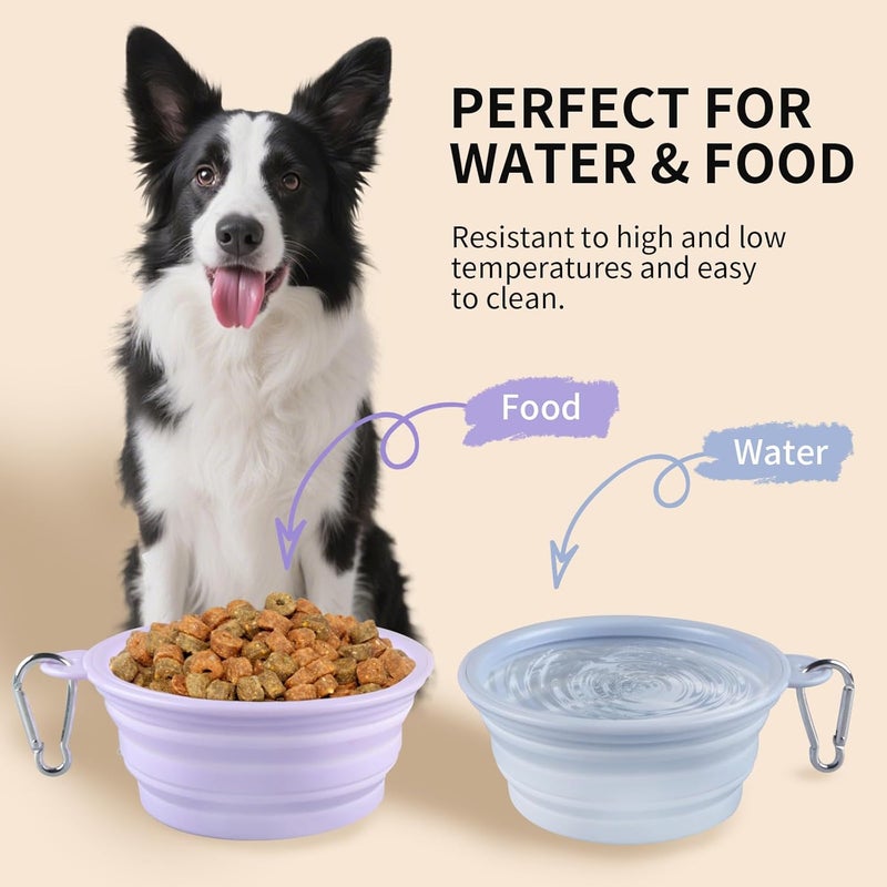 TECOPH Collapsible Dog Bowls 2-Pack, Portable Travel Dog Bowl with Carabiner, Food-Grade Silicone Pet Bowl for Hiking, Walking (22 OZ Macaron Blue and Violet) - Image 3
